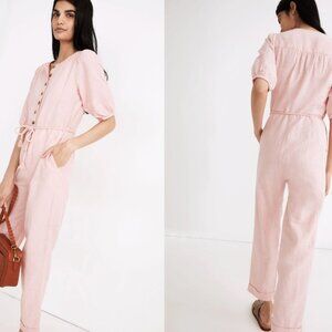Madewell Linen Blend Puff Sleeve Jumpsuit Pink Button Front Tassel Tie XL
